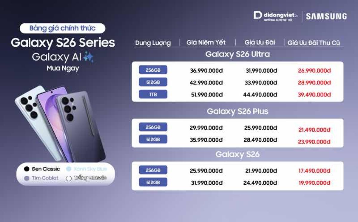 Bảng gi&aacute; Galaxy S26 series tại Di Động Việt: Tổng ưu đ&atilde;i l&ecirc;n đến 16 triệu đồng, gi&aacute; cuối chỉ từ 17,49 triệu đồng