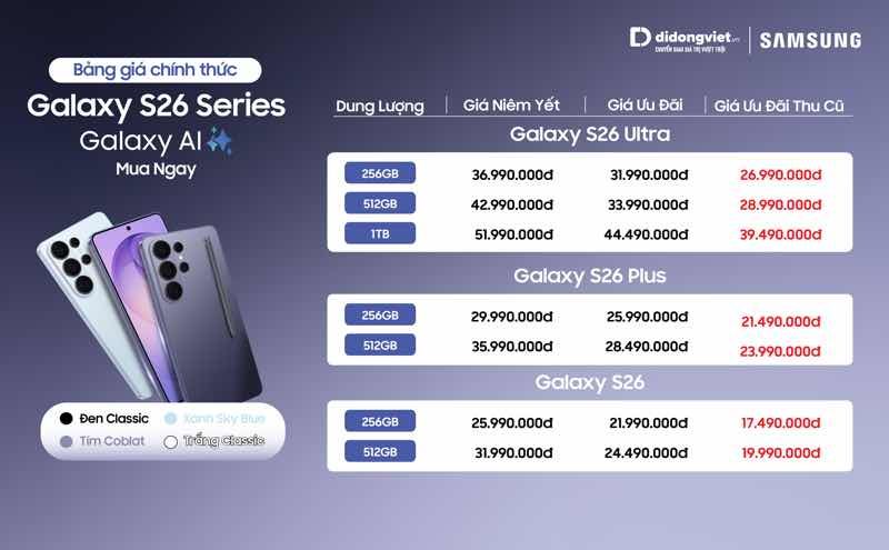 Bảng gi&aacute; Galaxy S26 series tại Di Động Việt: Tổng ưu đ&atilde;i l&ecirc;n đến 16 triệu đồng, gi&aacute; cuối chỉ từ 17,49 triệu đồng