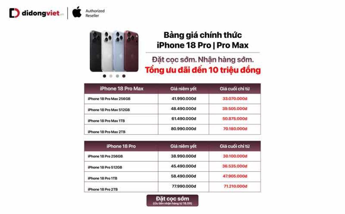 Di Động Việt nhận đặt trước iPhone 18 Pro, iPhone 18 Pro Max, &lsquo;tung&rsquo; ưu đ&atilde;i đến 10 triệu đồng